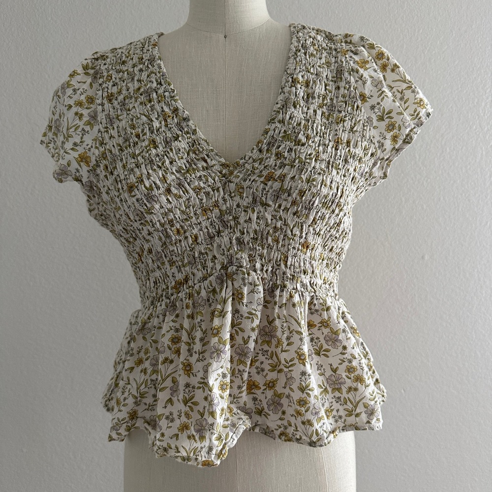 American Eagle Smocked Floral Peplum Top Women Size M White Yellow Boho V-Neck
